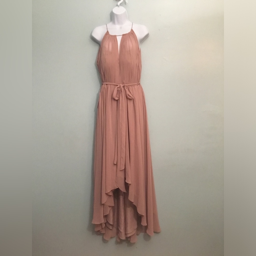 Deep V-Neck Pink Maxi Dress with Waist Tie